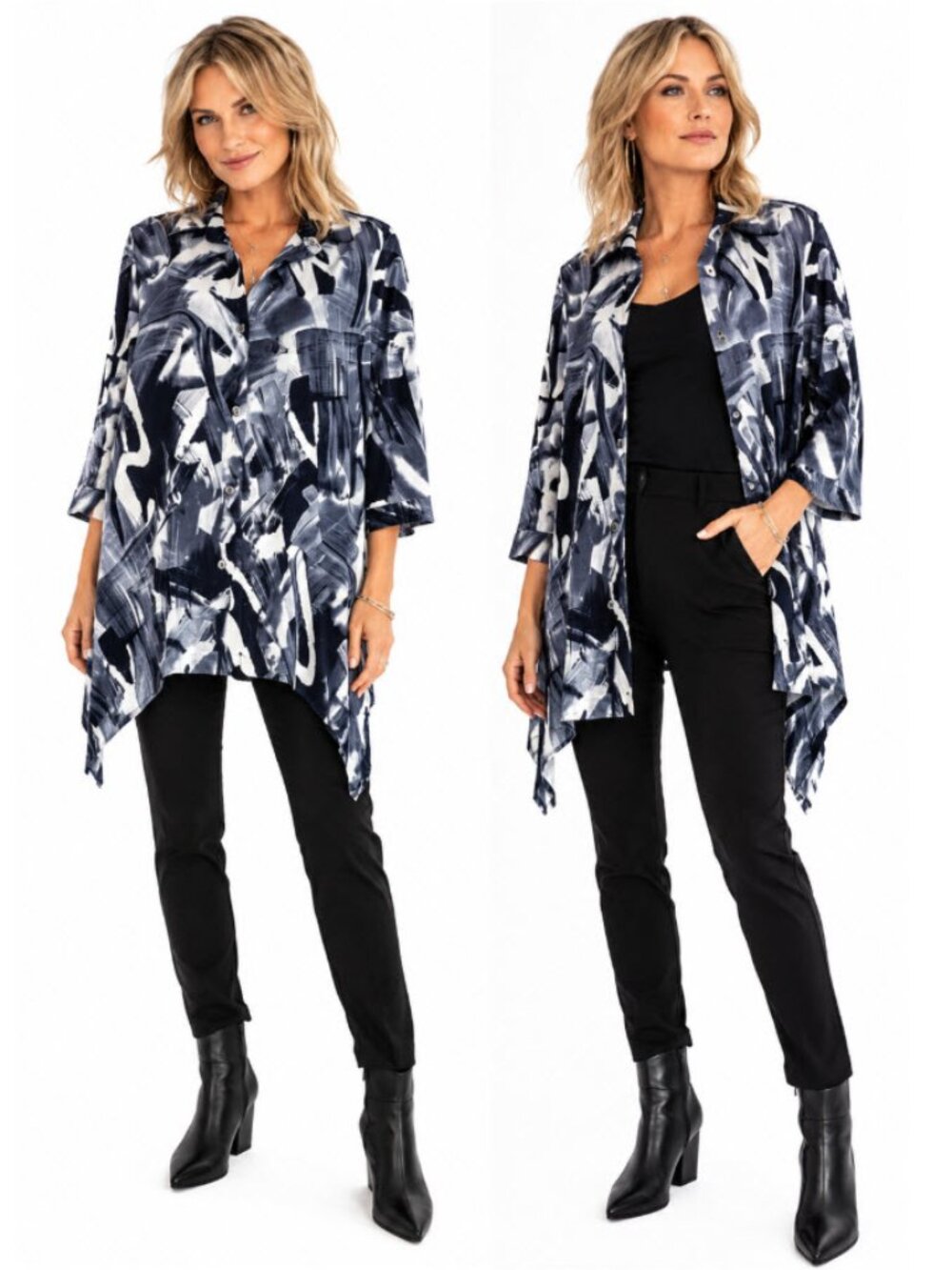 Joseph Ribkoff Abstract Brushstroke Tunic Cardigan Jacket Size 6 Navy White